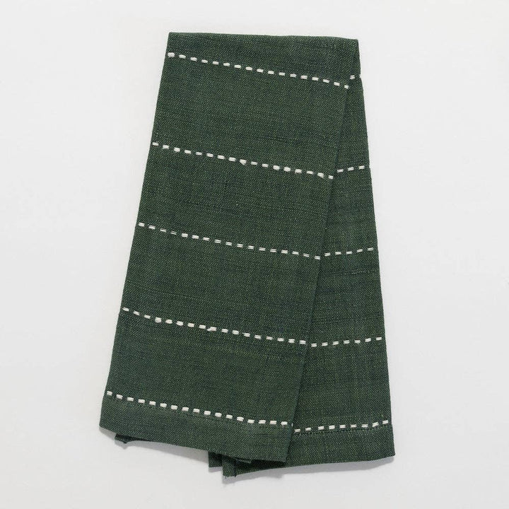 Handwoven cotton tea towel with a fine dashed stripe.