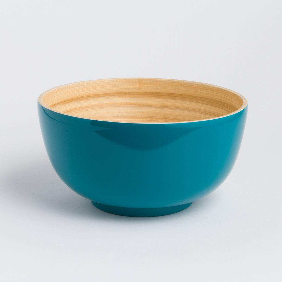 Large handcrafted bamboo salad bowl with a wide, rounded shape.