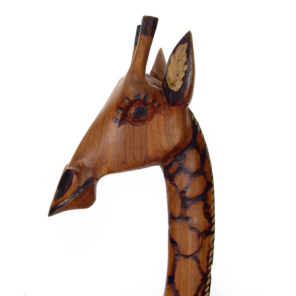 12-inch olivewood giraffe sculpture, hand-carved with detailed craftsmanship.