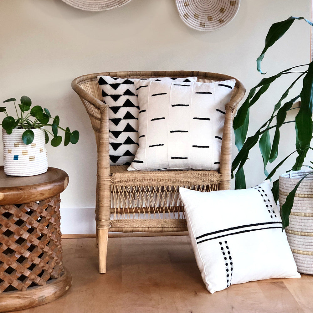 Dots-and-lines sadza pillow cover in white cotton with crackled bark-weave texture, 18x18 inches.