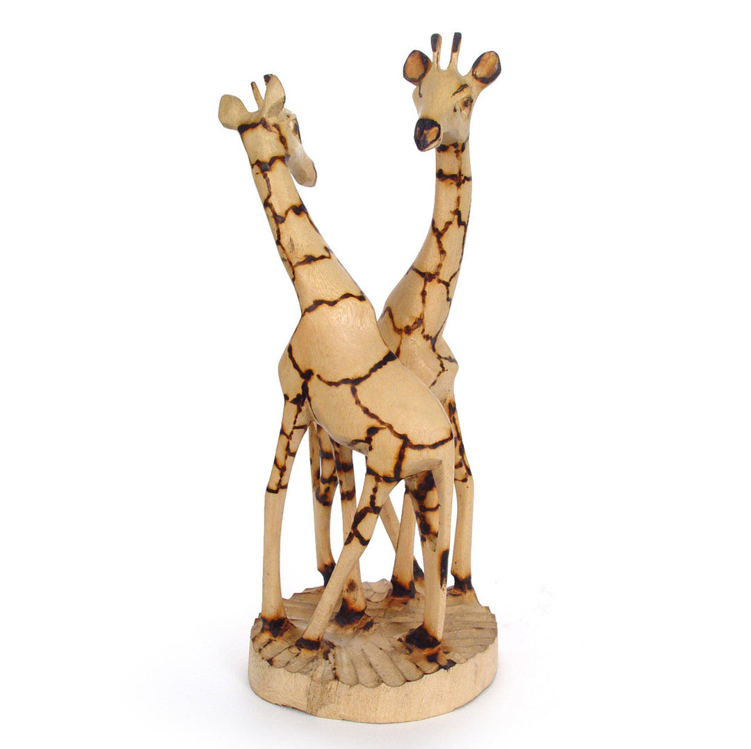 Hand-carved jacaranda wood giraffe pair with a natural wood finish.