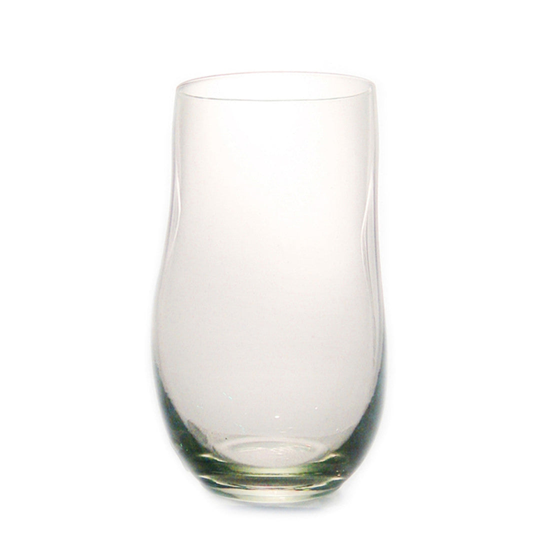 Stemless recycled-glass water glass with finger dents, hand-blown artisan drinkware from Eswatini.