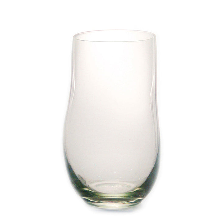 Stemless recycled-glass water glass with finger dents, hand-blown artisan drinkware from Eswatini.