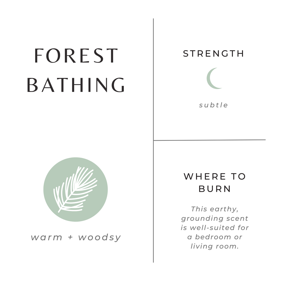 Mini essential oil candle in forest bathing scent with a forest-inspired label, 2 oz brushed gold tin.