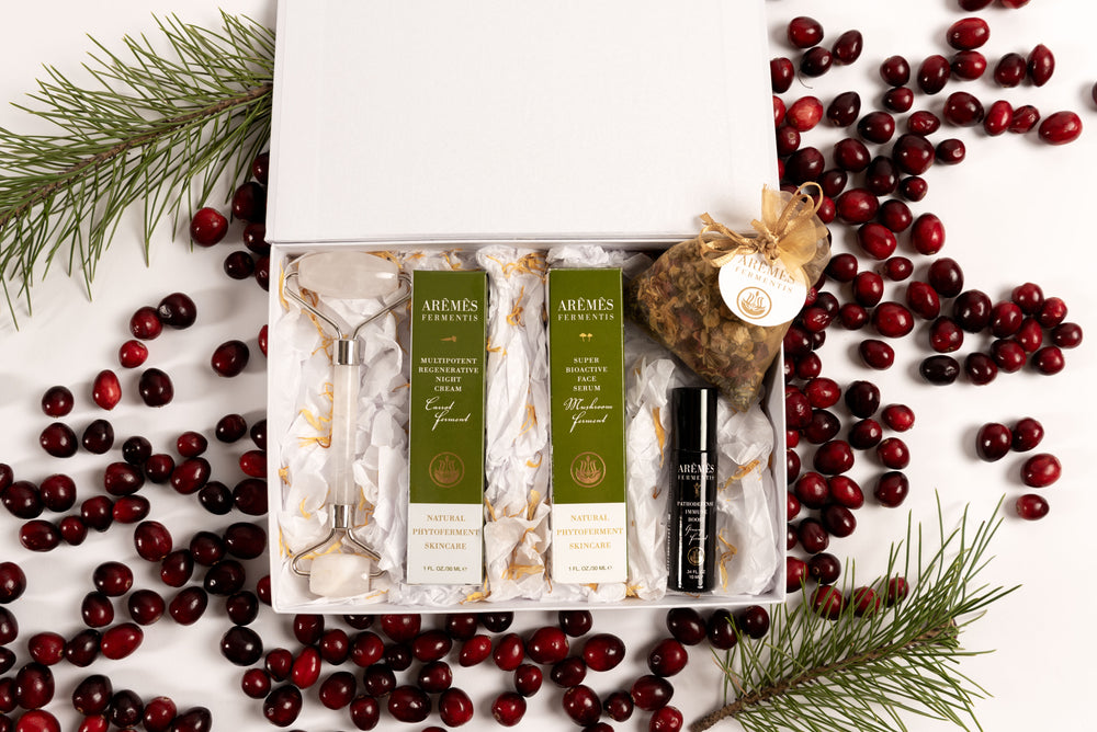 Skincare gift box with a neatly arranged set of products in elegant packaging.