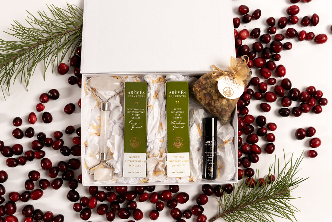 Skincare gift box with a neatly arranged set of products in elegant packaging.