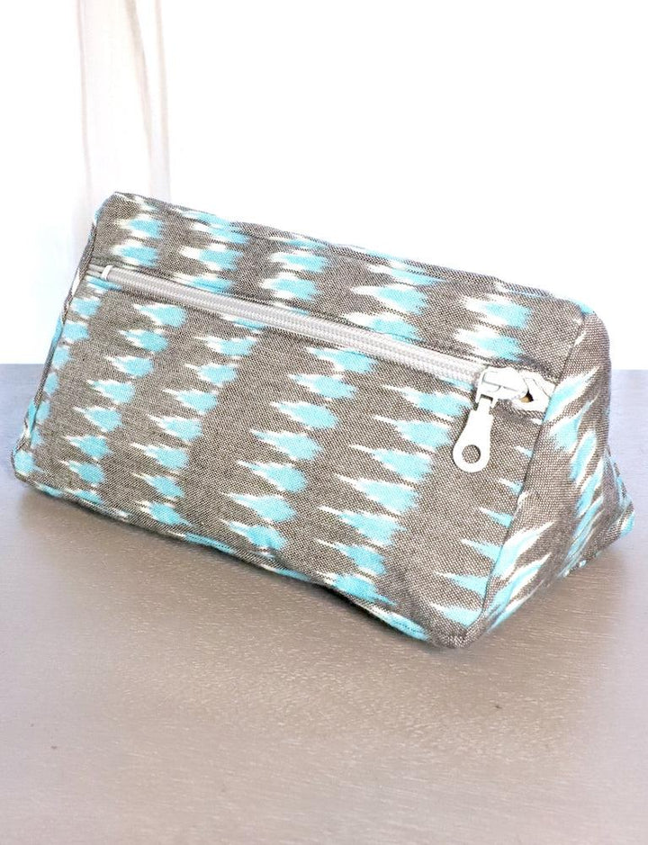 Grey and teal ikat cotton toiletry bag.
