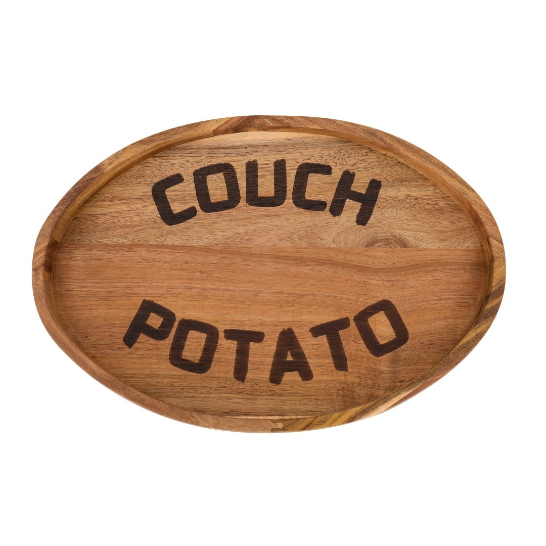 Couch Potato clip-on sofa tray in acacia wood with a flat surface and clip mechanism.