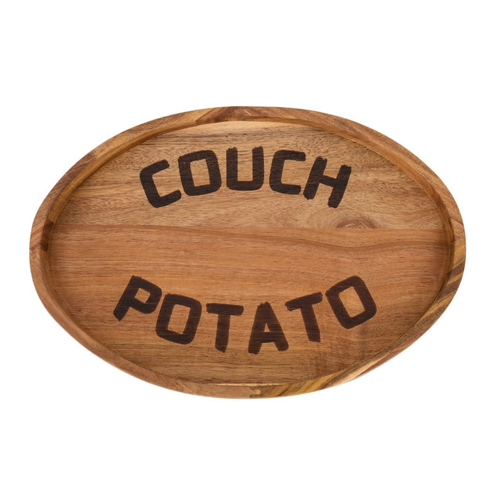 Couch Potato clip-on sofa tray in acacia wood with a flat surface and clip mechanism.