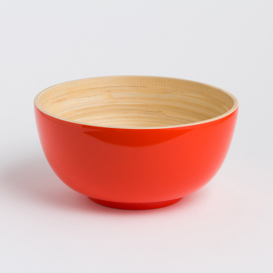 Large handcrafted bamboo salad bowl with a smooth bamboo surface.