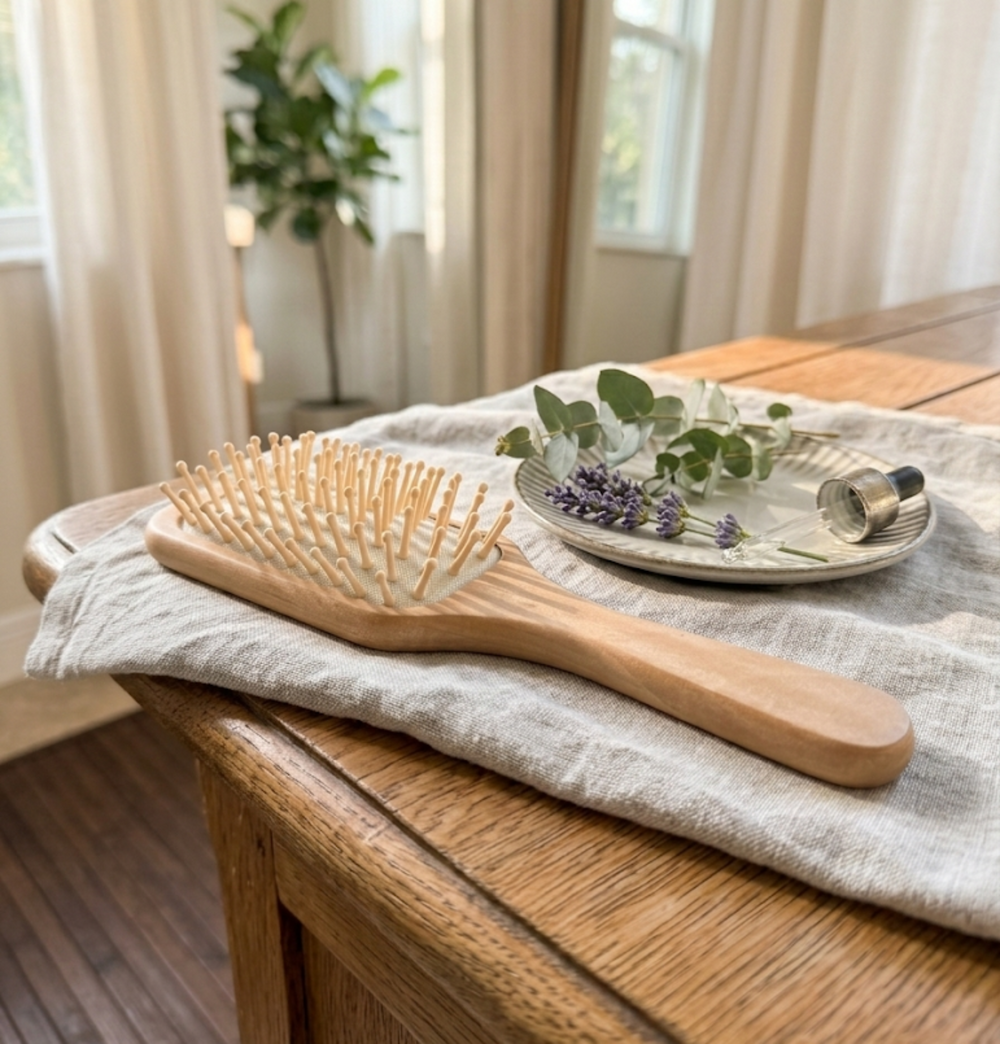 Bamboo detangling hair brush shown in a lifestyle setting, with a smooth, natural bamboo handle and flexible bristles.