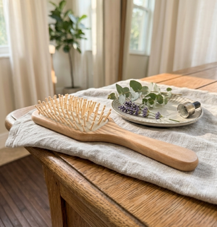 Bamboo detangling hair brush shown in a lifestyle setting, with a smooth, natural bamboo handle and flexible bristles.