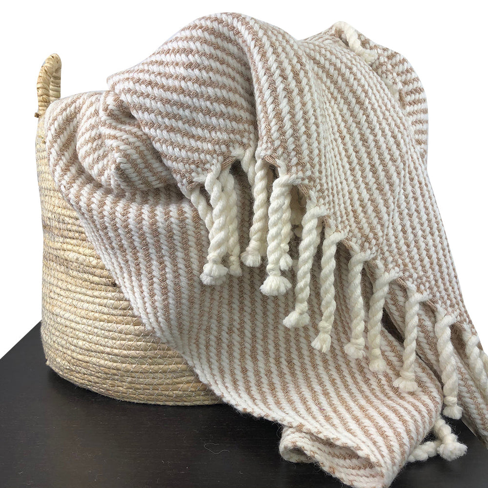Handwoven alpaca and wool throw blanket in camel and cream stripes