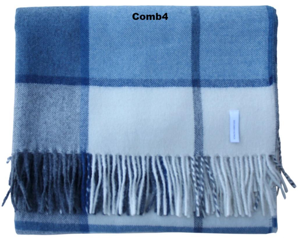 Blue and white checkered throw blanket with fringes on a white background