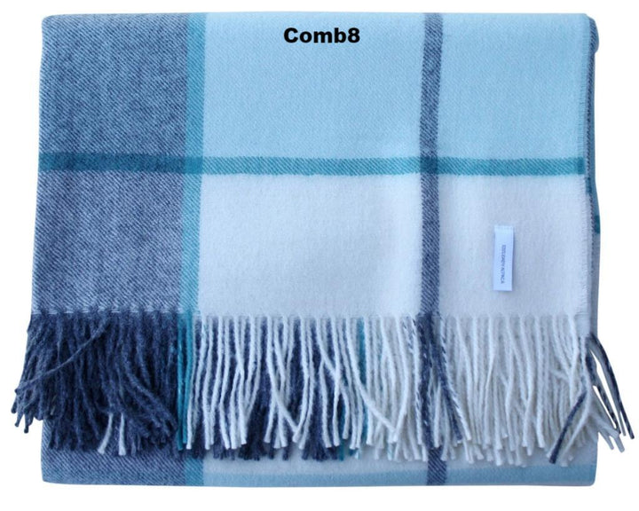 Plaid blanket with blue, white, and gray colors and &