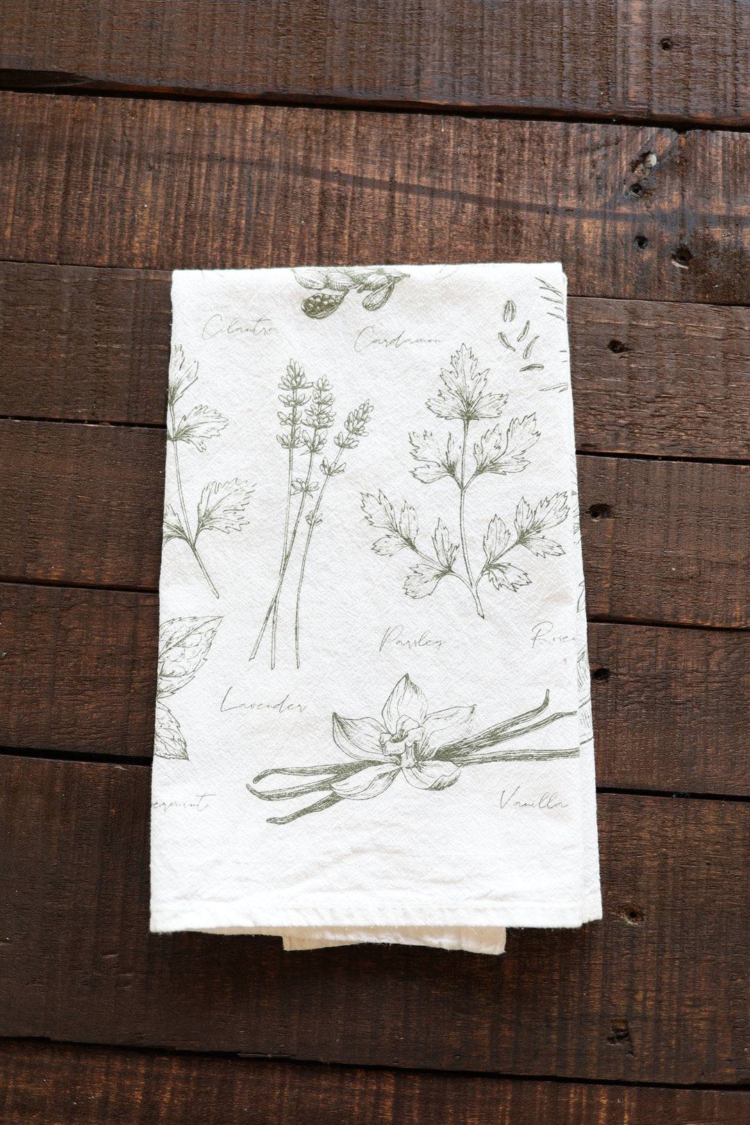 Cotton kitchen tea towel with a watercolor herb print.