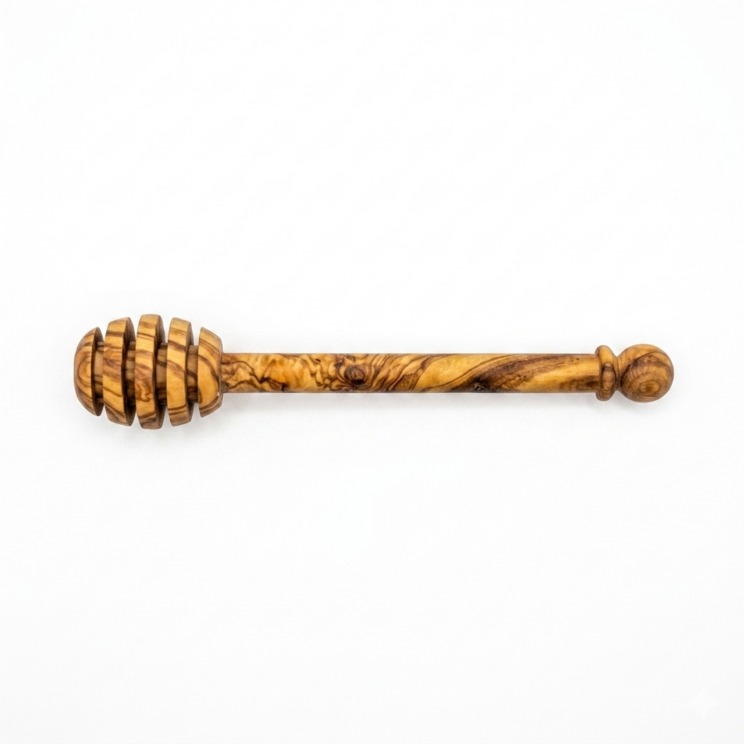 Olive wood honey spoon, Mediterranean style, with a smooth handle and rounded scoop for serving honey.