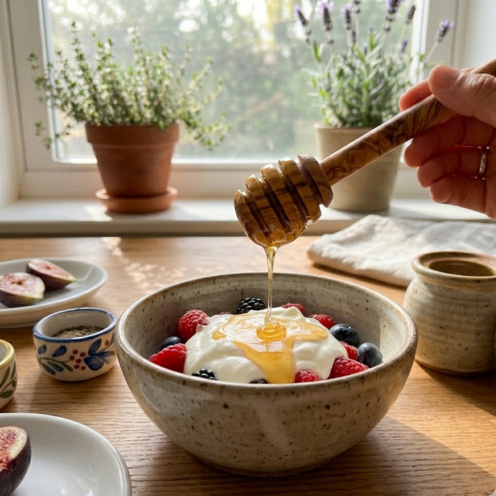 Olive wood honey spoon with a smooth, natural finish, ideal for serving honey in Mediterranean style.