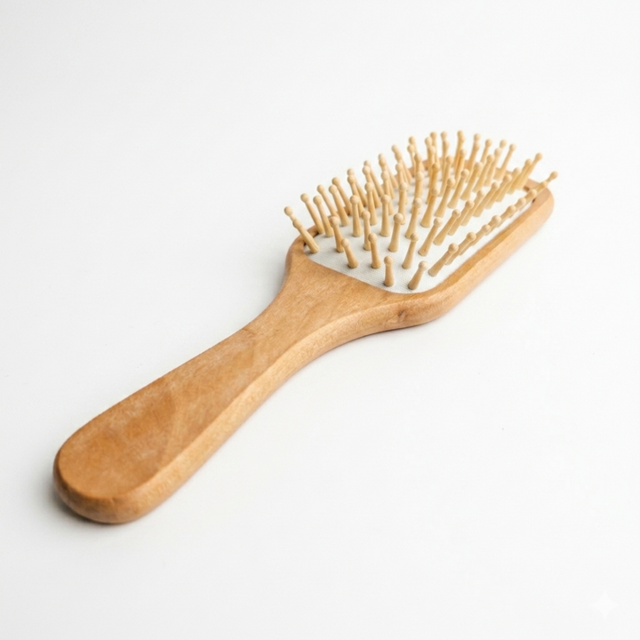 Bamboo detangling hair brush with a natural wood finish, designed for gentle, tangle-free hair brushing.