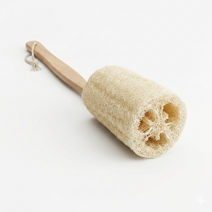 Natural loofah bath brush with long handle for exfoliating and cleansing skin during a shower or bath.