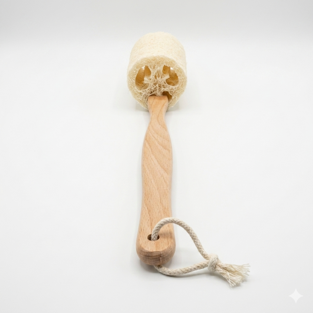 Natural loofah bath brush with long handle for exfoliating and cleansing skin in the shower or bath.