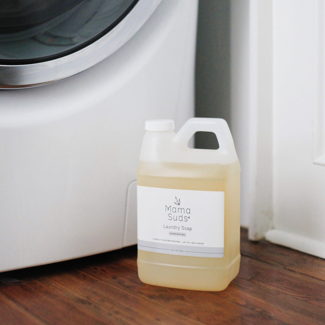 Ultra-clean laundry soap in a white bottle, showing the label.