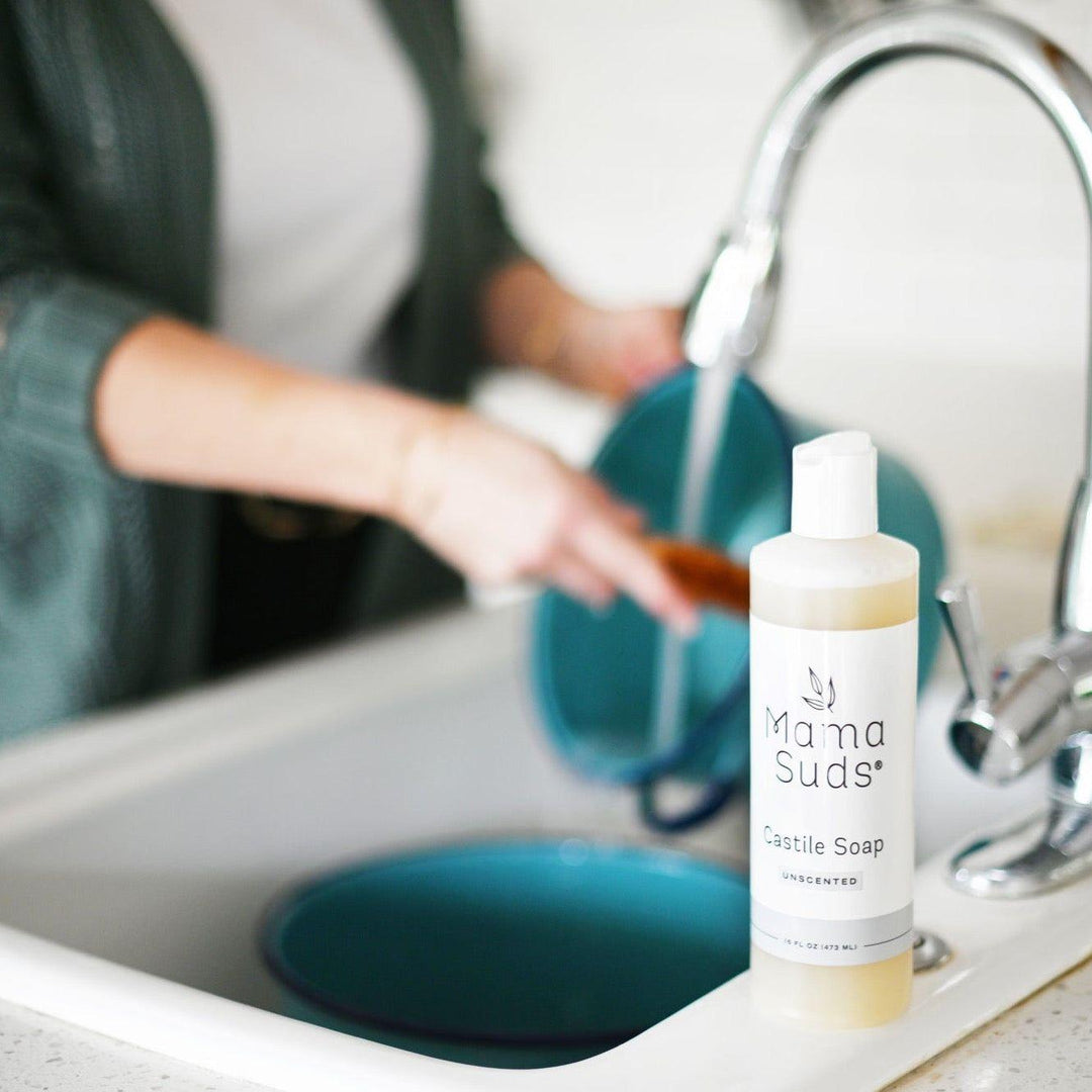 Pure castile all-purpose liquid soap in a clear bottle with a pump dispenser.