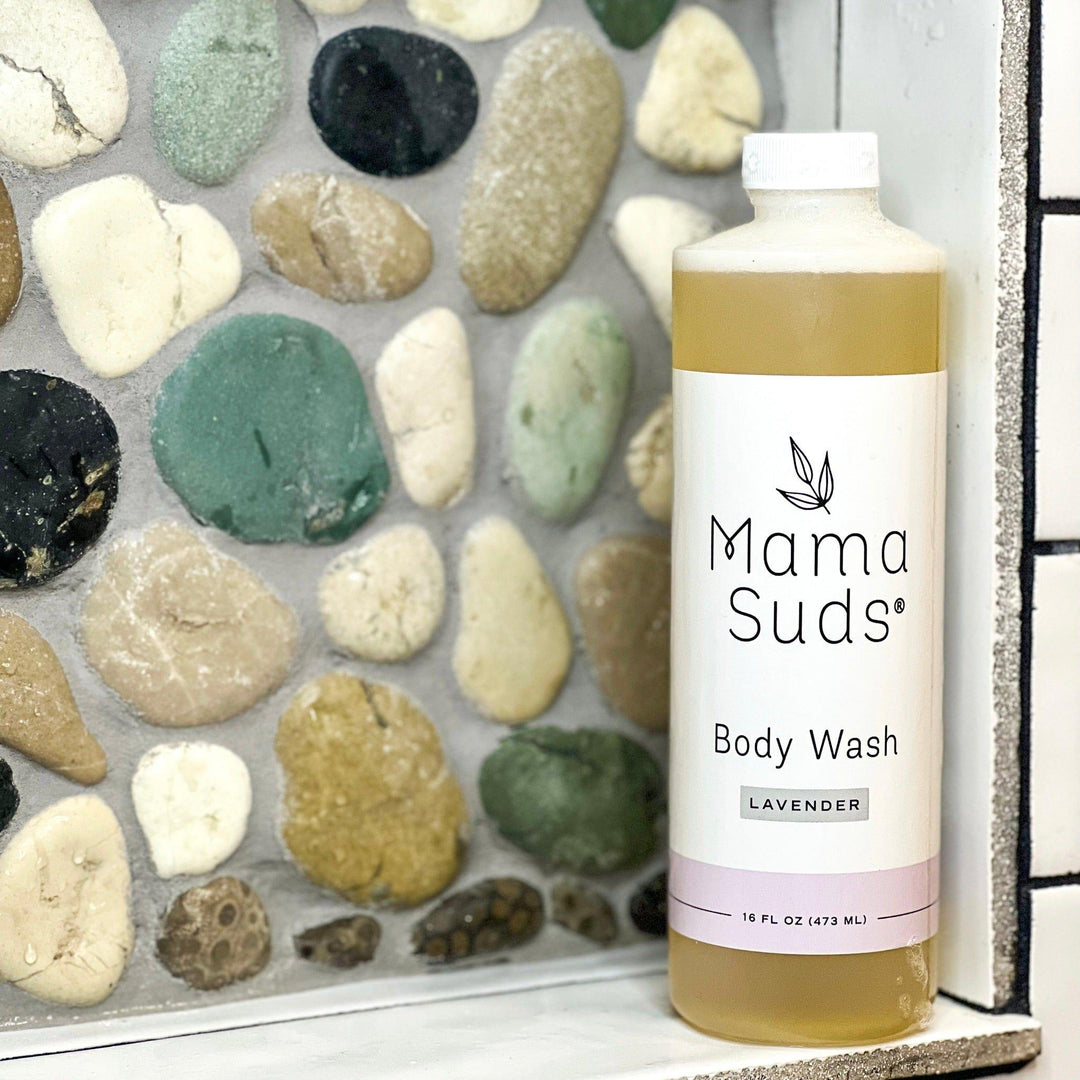 Plant-based castile body wash in a clear bottle with a white pump.