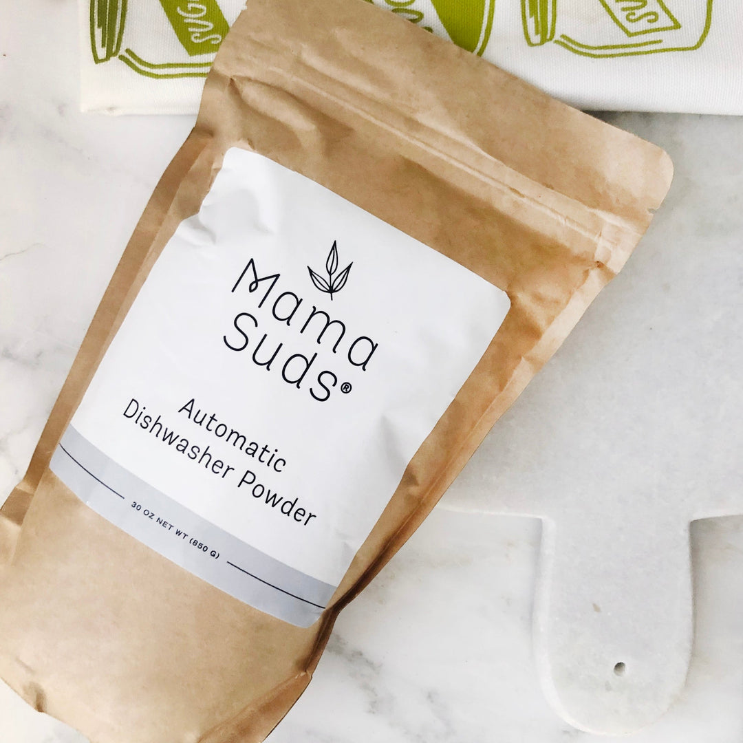 Natural, PVA-free dishwasher powder in a white container.