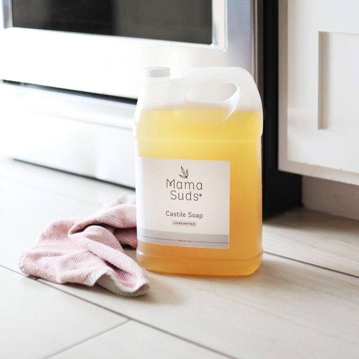 Pure castile all-purpose liquid soap in a clear bottle with a pump dispenser.