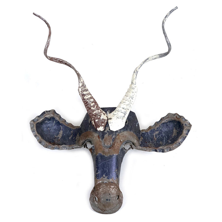 Kudu antelope mask wall art handcrafted from recycled metal in Zimbabwe.