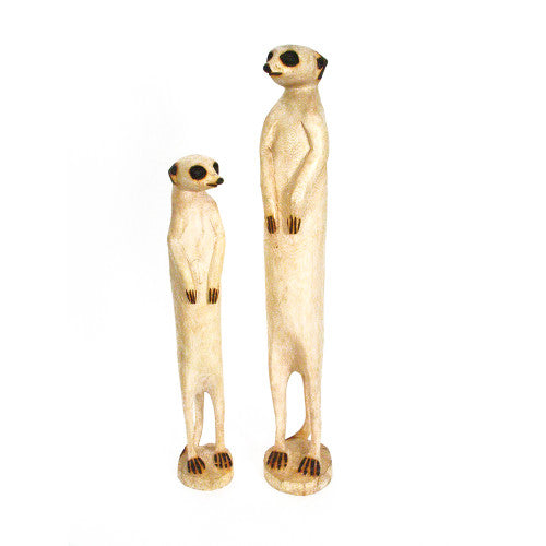 Hand-carved standing meerkat with a smooth natural wood finish.