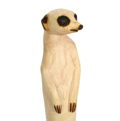 Wooden meerkat sculpture showing detailed hand-carved craftsmanship.