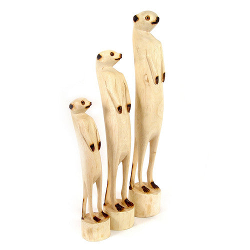 Hand-carved wooden standing meerkat sculpture with a natural finish.