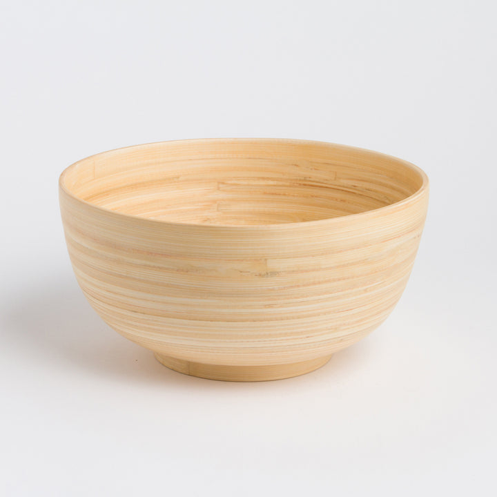 Large handcrafted bamboo salad bowl with natural bamboo grain.
