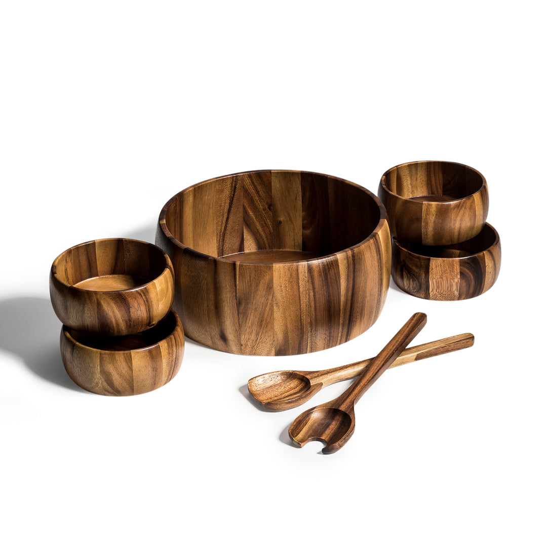 Dragor seven-piece acacia wood salad bowl set, extra large, with natural grain.