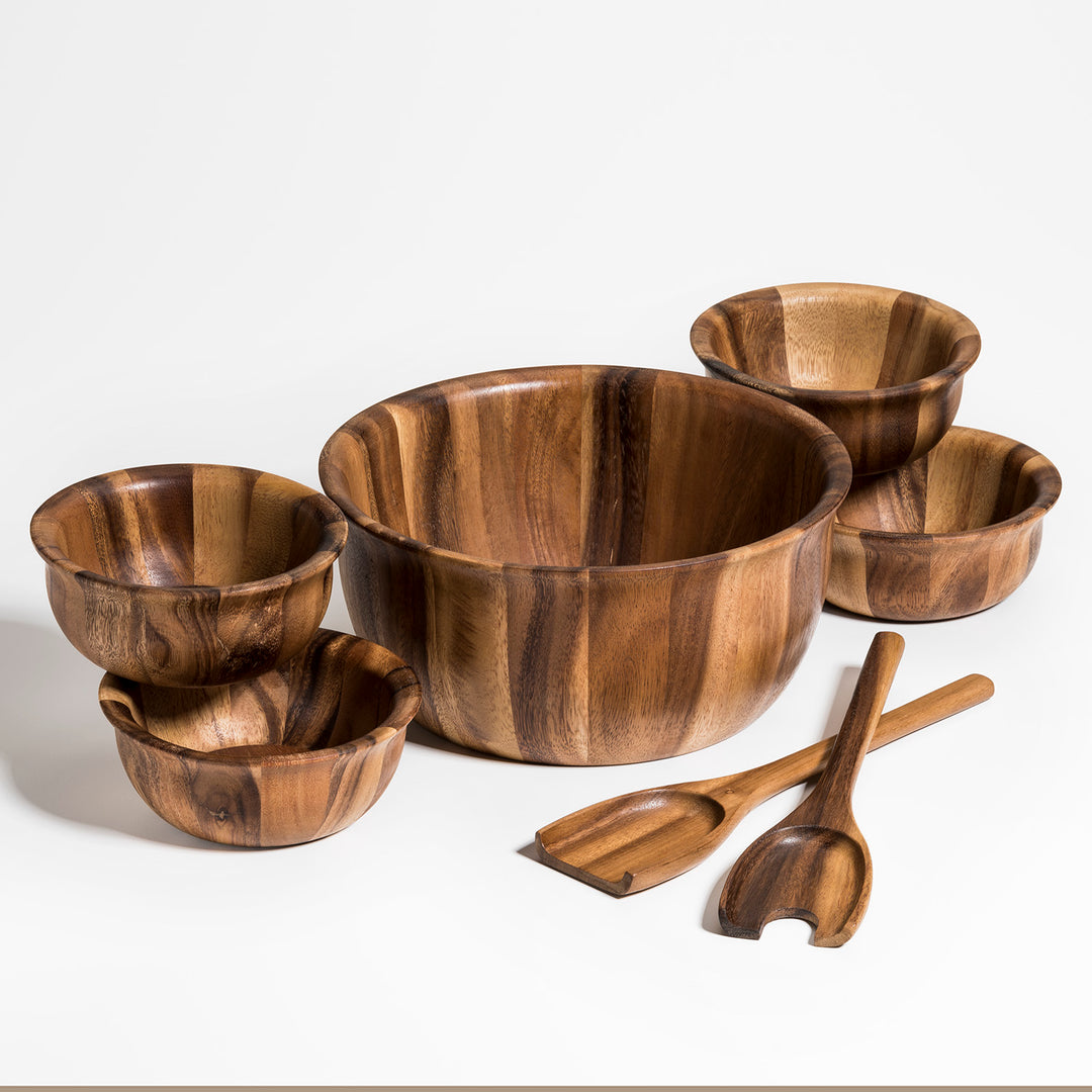 Soro acacia wood salad set with multiple bowls in a natural grain finish.