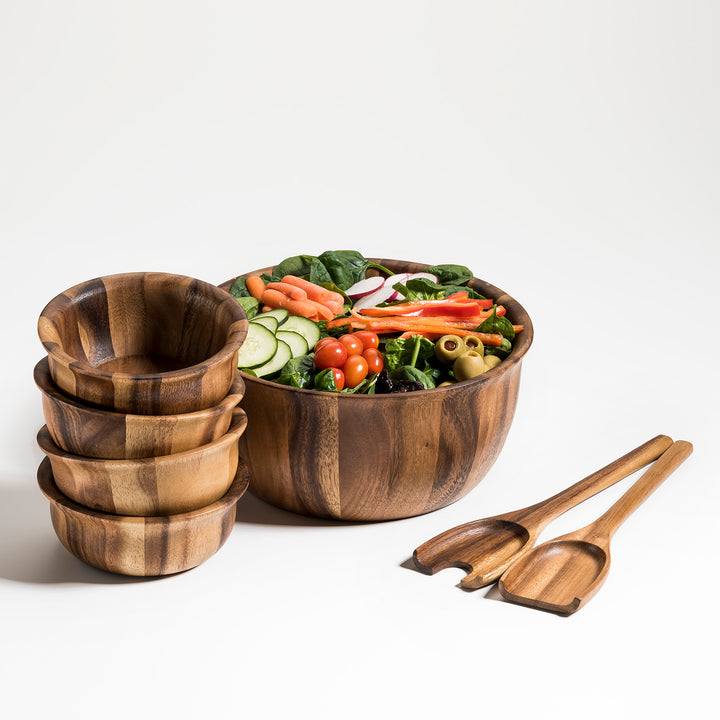 Soro acacia wood salad bowl set with a large serving bowl and matching bowls.