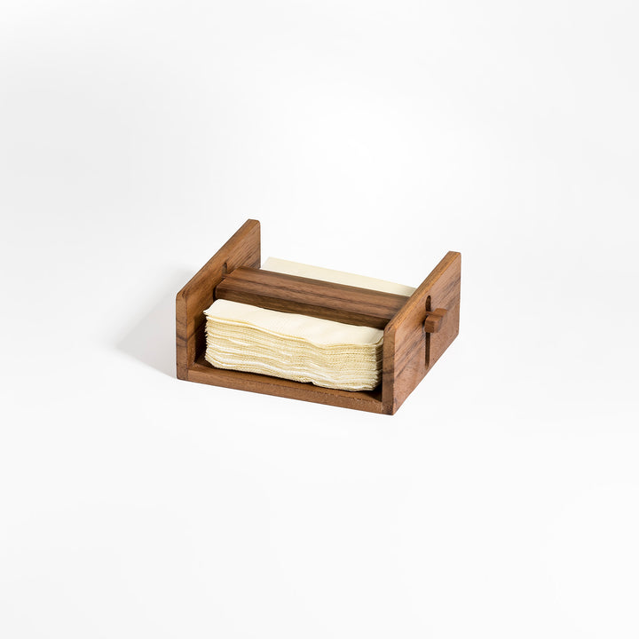 Acacia wood cocktail napkin holder with adjustable bar, natural grain