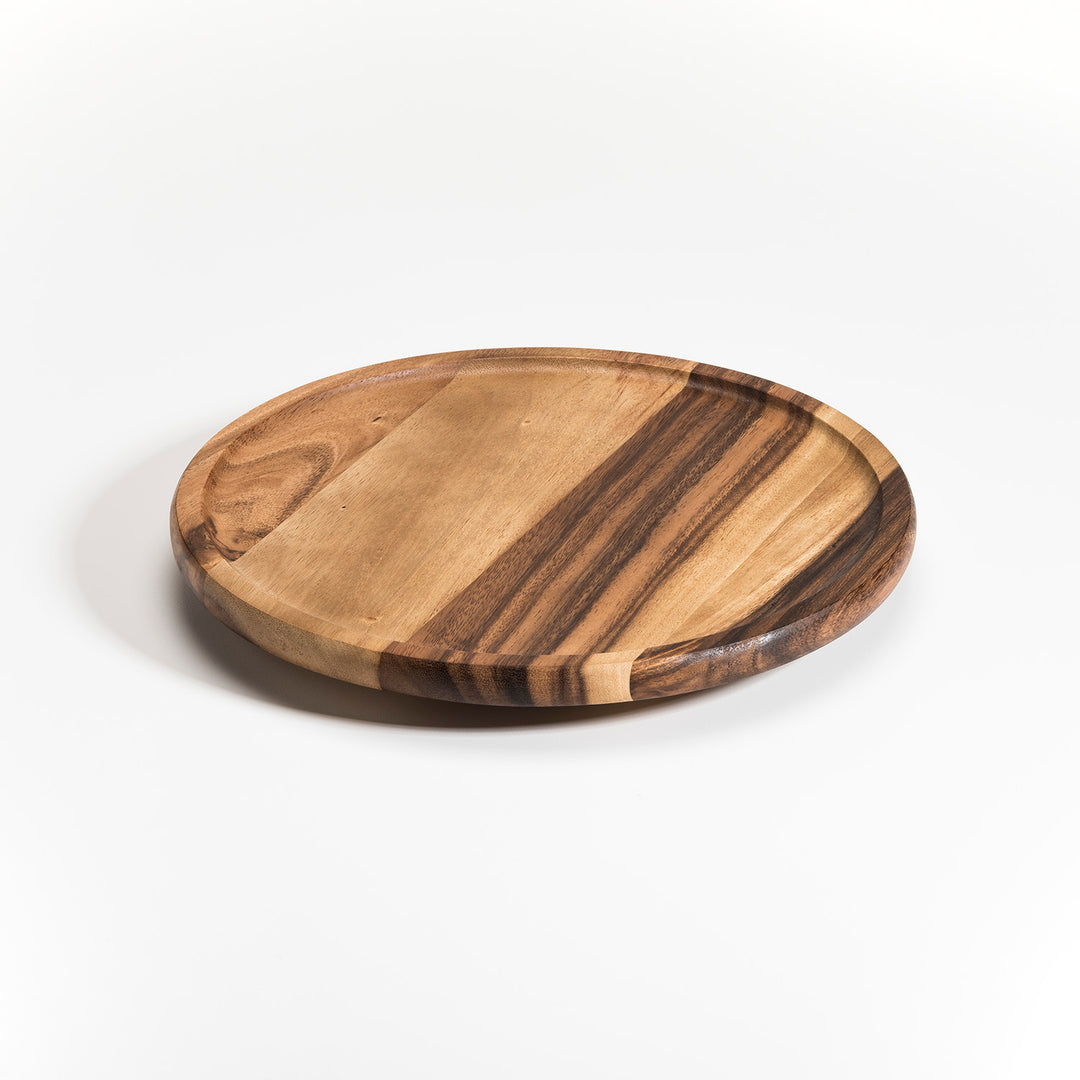 10-inch acacia wood lazy Susan with a rotating base for tabletop or cabinet organization.