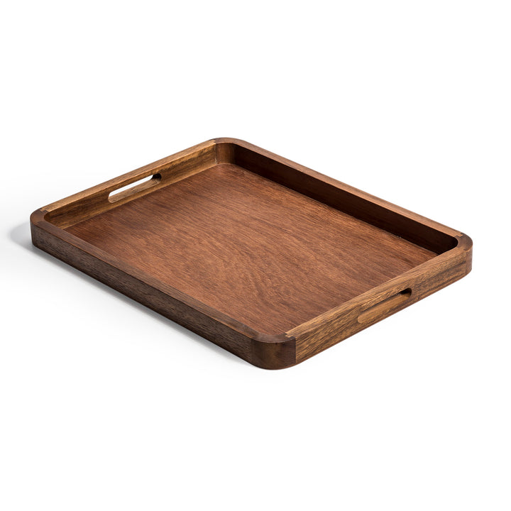 Handcrafted acacia wood serving tray with natural grain and sturdy side handles