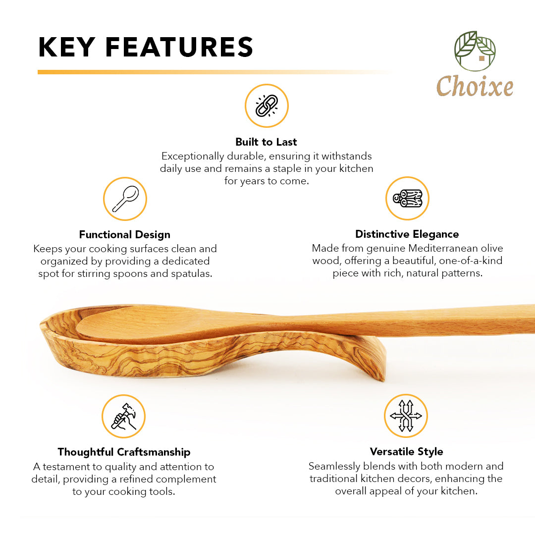 Olive wood spoon rest, a handcrafted Mediterranean kitchen accessory with a smooth finish and natural wood grain.