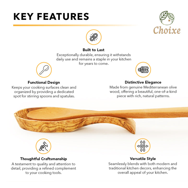 Olive wood spoon rest, a handcrafted Mediterranean kitchen accessory with a smooth finish and natural wood grain.