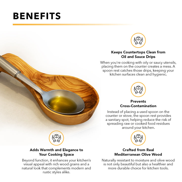 Handcrafted olive wood spoon rest with a Mediterranean design, showcasing a smooth finish and natural wood grain.