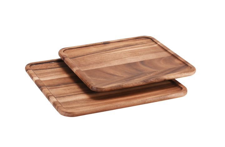 16-inch acacia wood square lazy Susan with carved edges and rotating base.