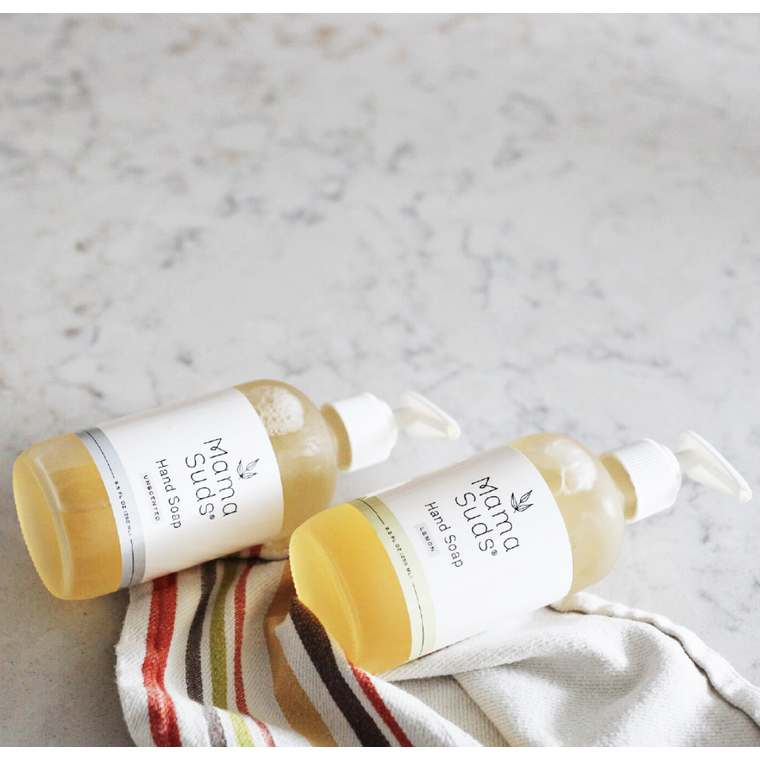 Olive oil and lemon hand soap in a pump bottle, a clear olive-oil liquid soap.
