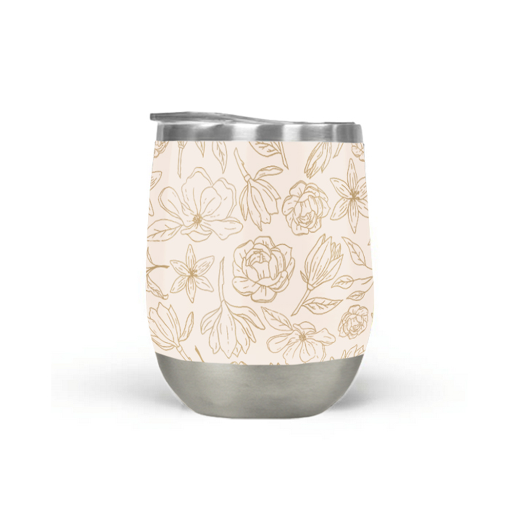 Gold magnolia insulated wine tumbler, hand-painted floral art on stainless steel