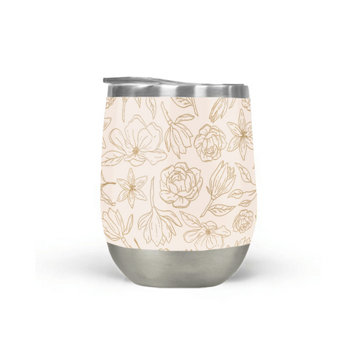 Gold magnolia insulated wine tumbler, hand-painted floral art on stainless steel