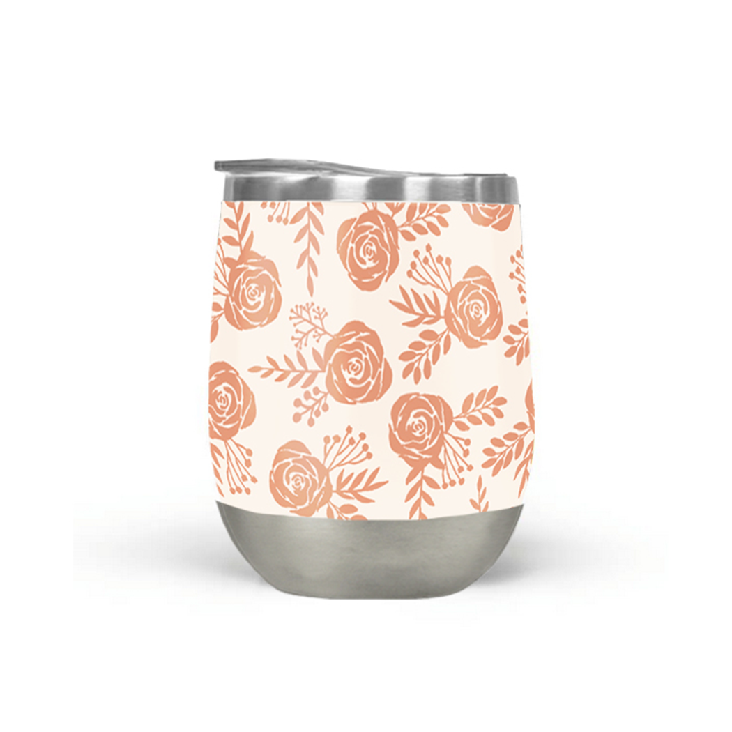 Orange Floral insulated wine tumbler with coral-orange roses on a cream body and stainless steel base.