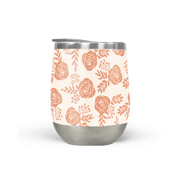 Orange Floral insulated wine tumbler with coral-orange roses on a cream body and stainless steel base.